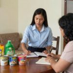 Field Researcher reviewing purchasing habits with a panel member