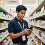 Field Researcher at a shopping aisle using a device to conduct a retail audit